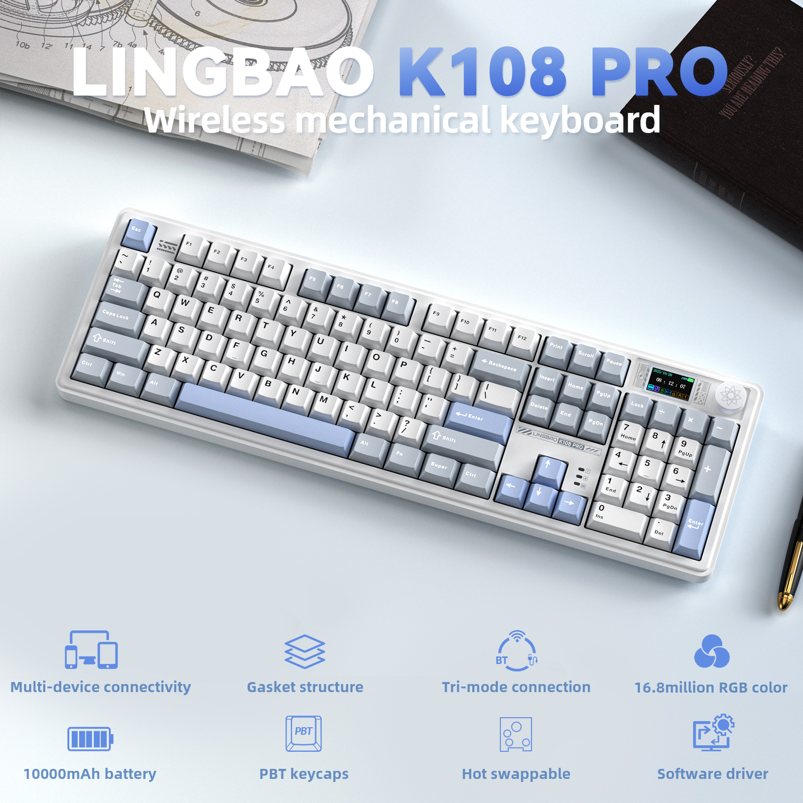 Gaming Keyboard Hot Swappable - LINGBAO K108pro Mechanical Keyboard Tri-mode Korean