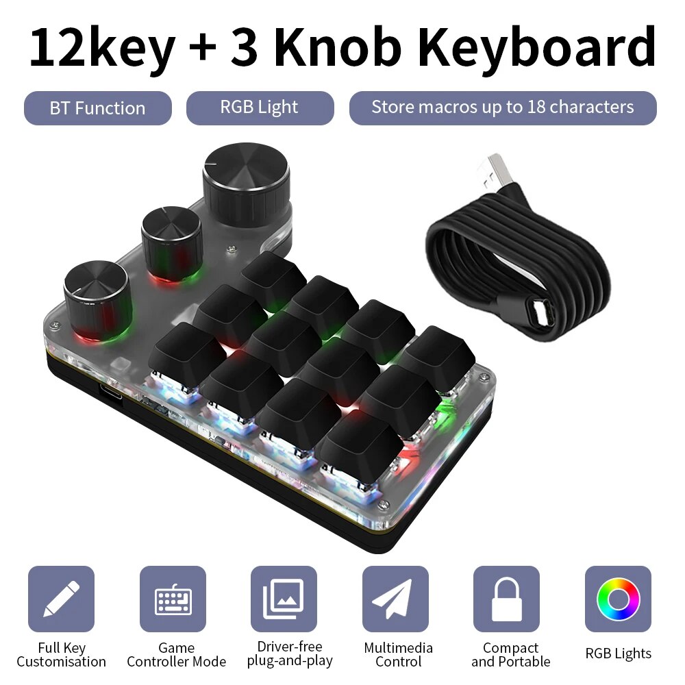 Gaming Keyboard Half - Bluetooth Programming Macro Custom 3 Knob