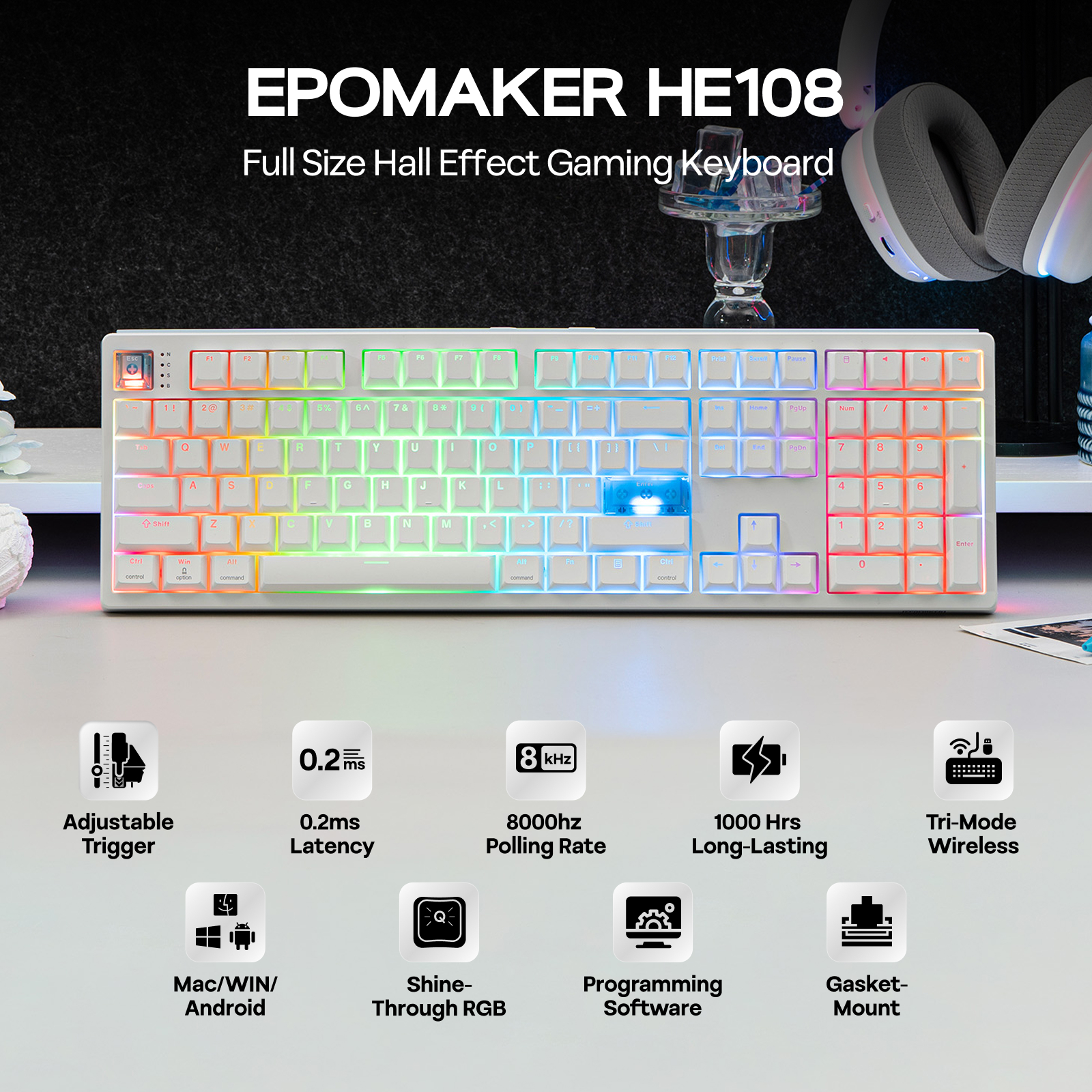 EPOMAKER HE108 Full Sized ANSI - مراجعة Gaming Keyboard Half وسعره